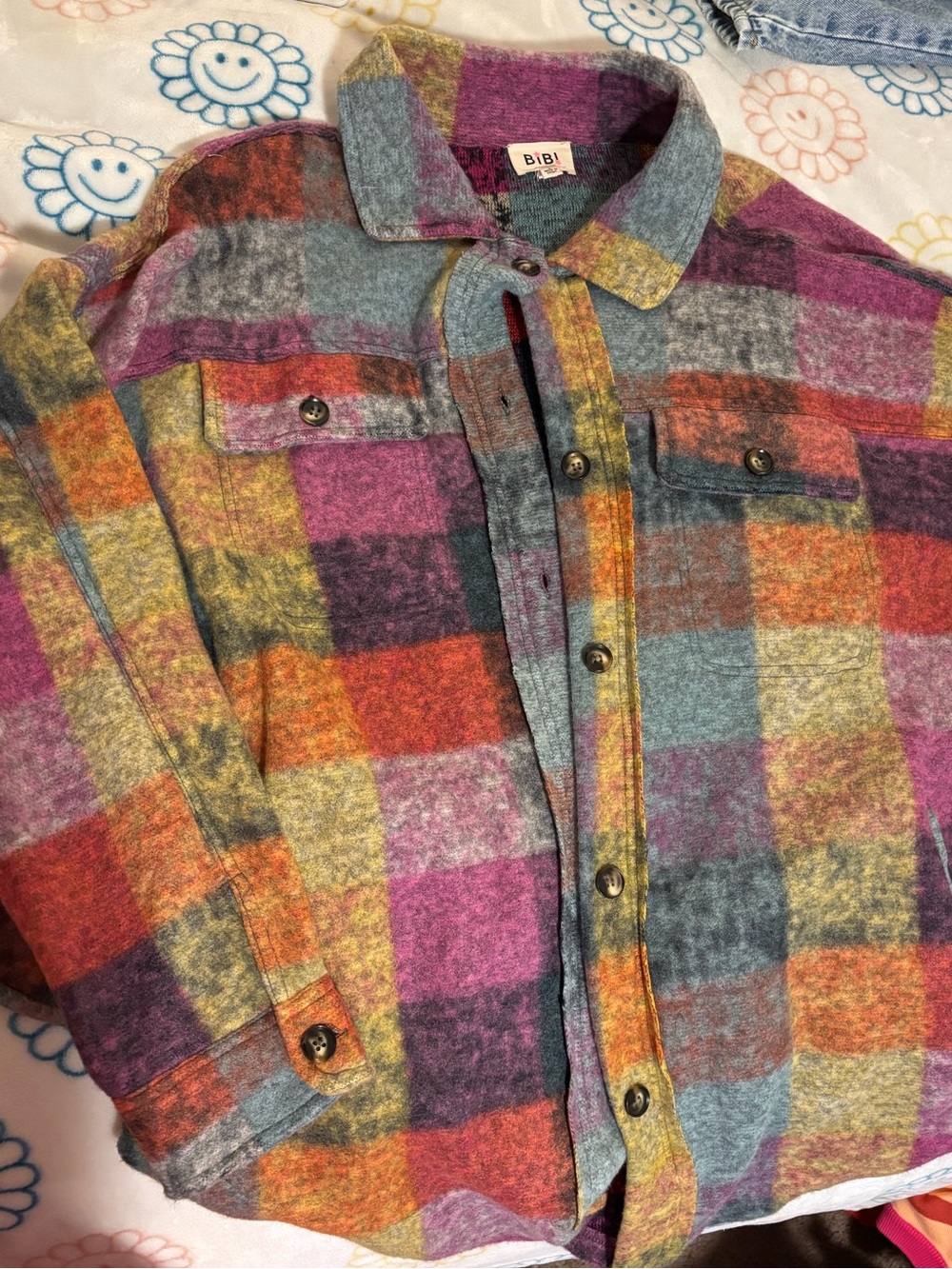 BiBi Multicolor Plaid Button-Front Jacket in Pink, Orange, Yellow, Blue